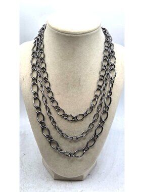 Chunky Multi-Layer Silver-Tone Chain Necklace With Lobster Clasp Closure